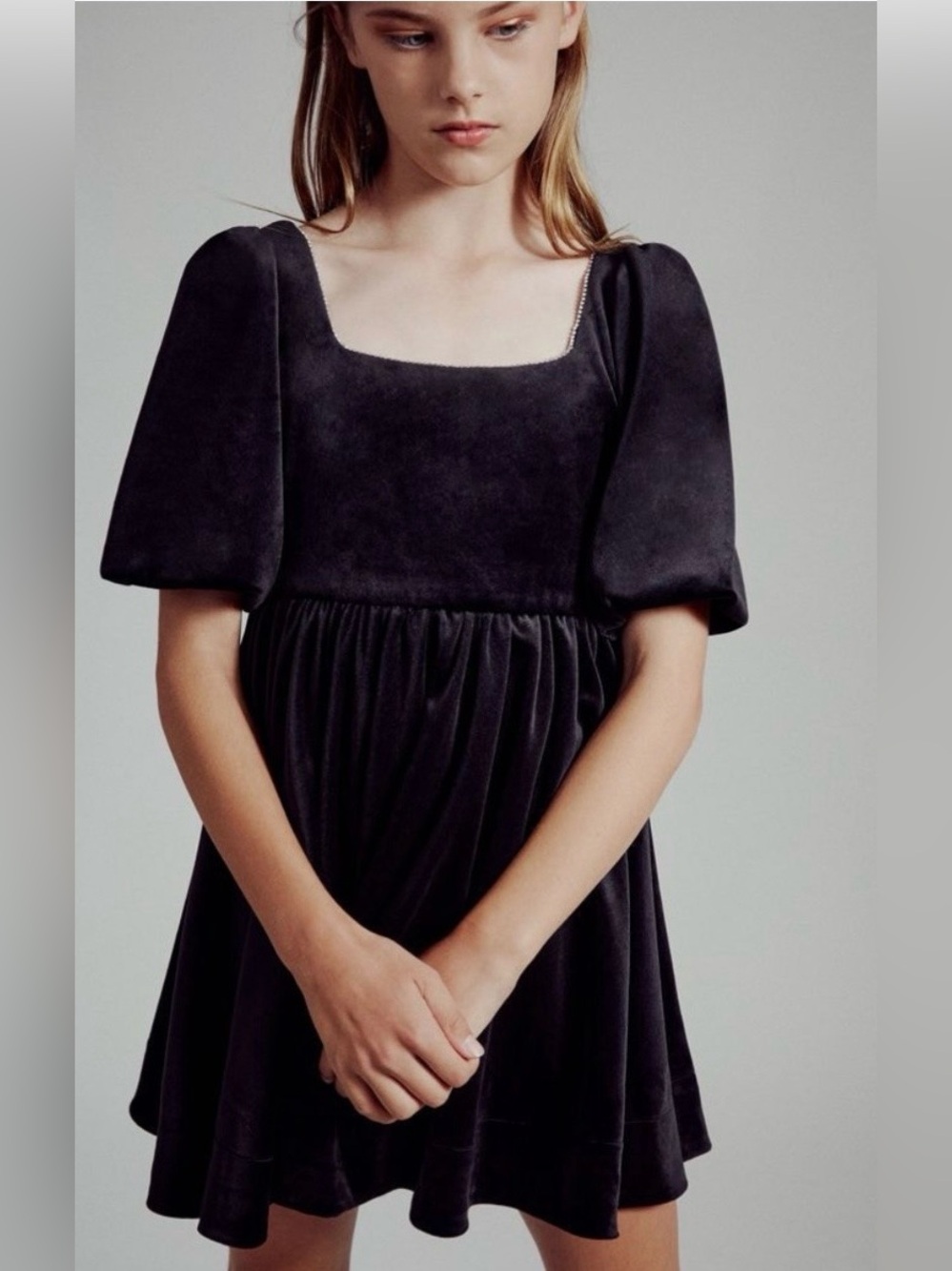 Bardot Junior Girls Black Velvet Puff Sleeve Party Dress Size 6 Rhinestone Trim